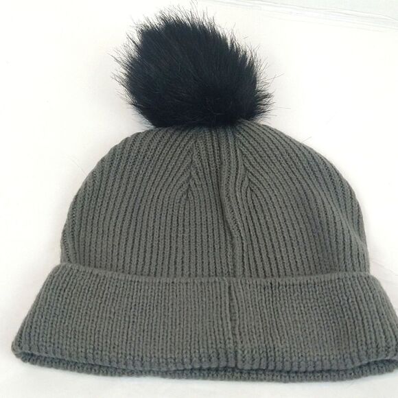 Women's gray knit beanie with black sequin letters and faux fur pom - Picture 2 of 5
